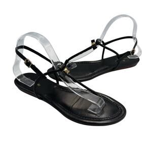 Kate Spade New York Black Leather Gold Gem Bow Strappy Flat Thong Sandals